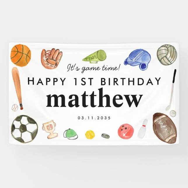 Cute Game Time Sports Balls Kids Birthday Welcome Banner (Horizontal)
