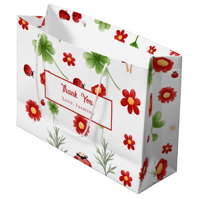 Cute Garden little ladybug baby shower  Große Geschenktüte (Vorderseite Schrägansicht)