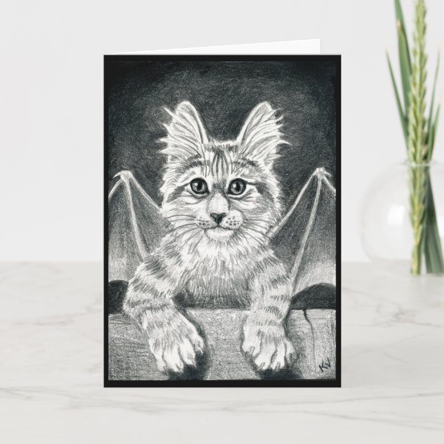 Cute Gargoyle Chat noir blanc Carte Halloween (Devant)