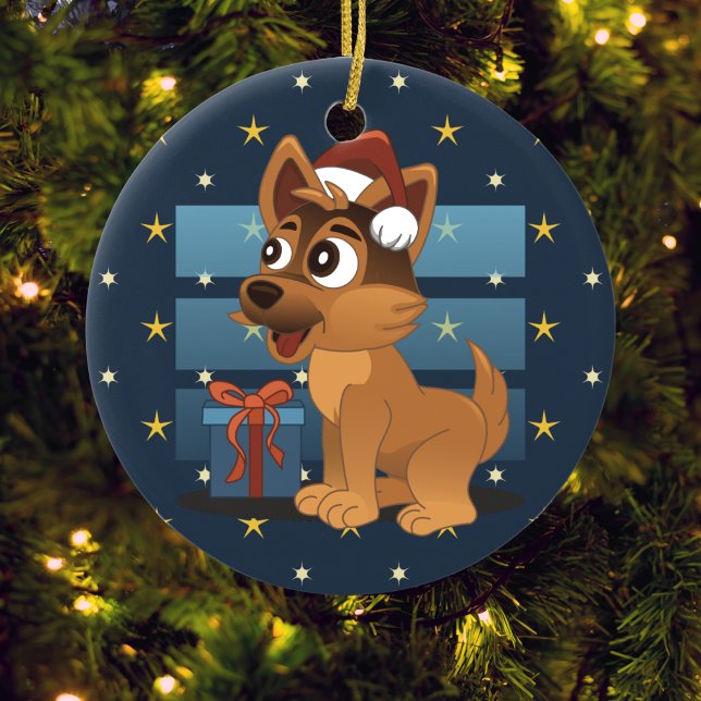 Cute German Shepherd puppy Cartoon Starry night Keramik Ornament (Von Creator hochgeladen)