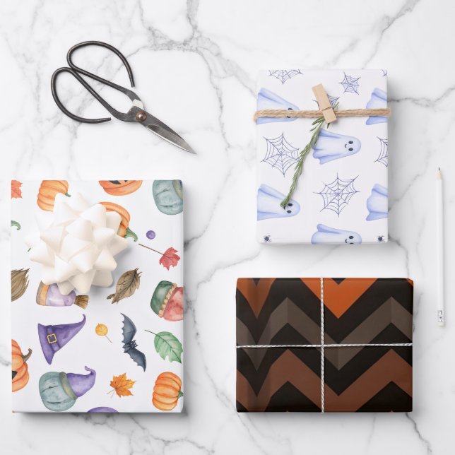 Cute Ghost and Spiderweb Halloween Geschenkpapier Set (Vorderseite)
