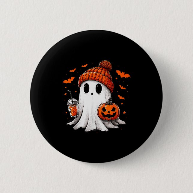 Cute Ghost Drinking Ice Coffee Halloween Pumpkin M Button (Vorderseite)
