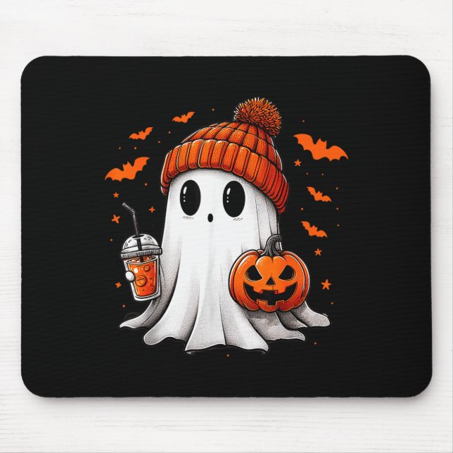 Cute Ghost Drinking Ice Coffee Halloween Pumpkin M Mousepad (Vorne)