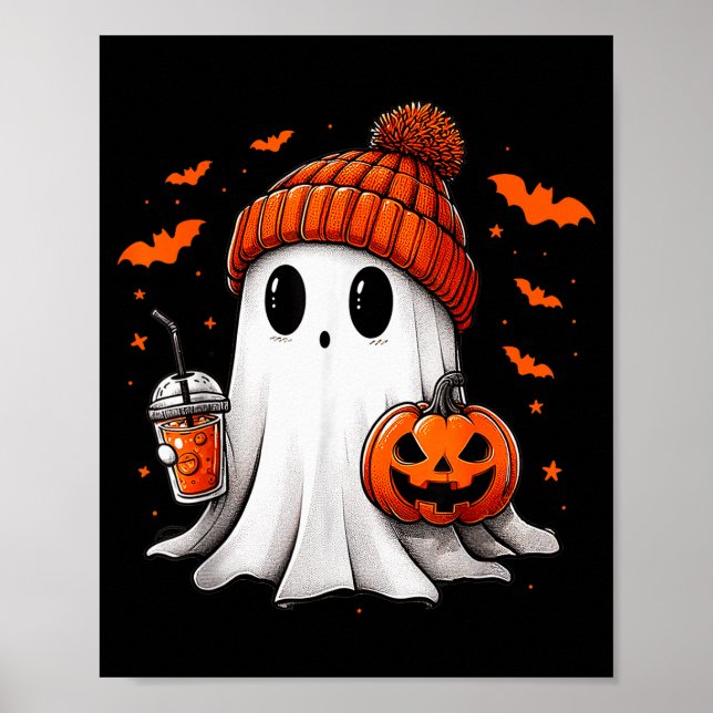 Cute Ghost Drinking Ice Coffee Halloween Pumpkin M Poster (Vorne)