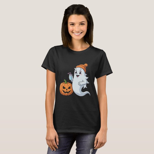 Cute Ghost & Pumpkin Halloween T-Shirt (Vorne ganz)