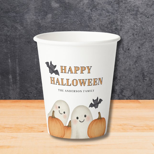 Cute Ghost Pumpkin Personalized Halloween Party  Pappbecher (Von Creator hochgeladen)