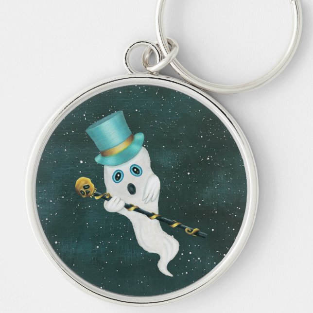 Cute Ghost Silly Face Wearing Top Hat Skull Cane Schlüsselanhänger (Vorne)