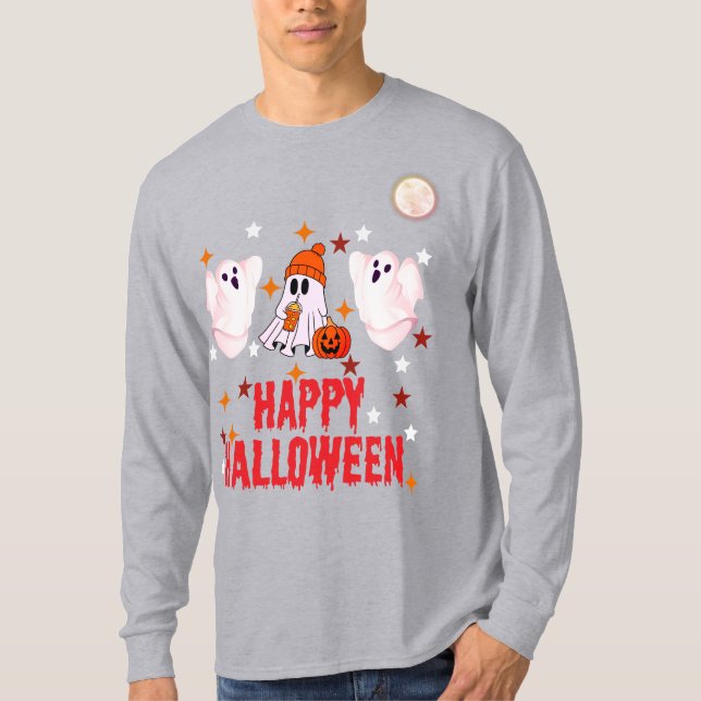 Cute Ghost Trio Happy Halloween Long Sleeve T-Shirt (Vorderseite)