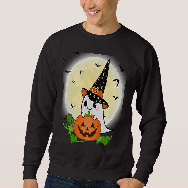 Cute Ghost Witch With Pumpkin and Full Moon Hallow Sweatshirt (Vorderseite)