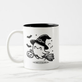 Cute Ghost Witch with Pumpkin & Broom | Two-Sided  Zweifarbige Tasse