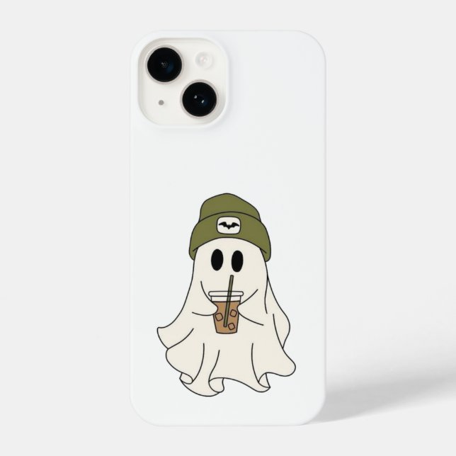 Cute Ghost with Beanie & Drink – Halloween Case  iPhone 14 Hülle (Rückseite)