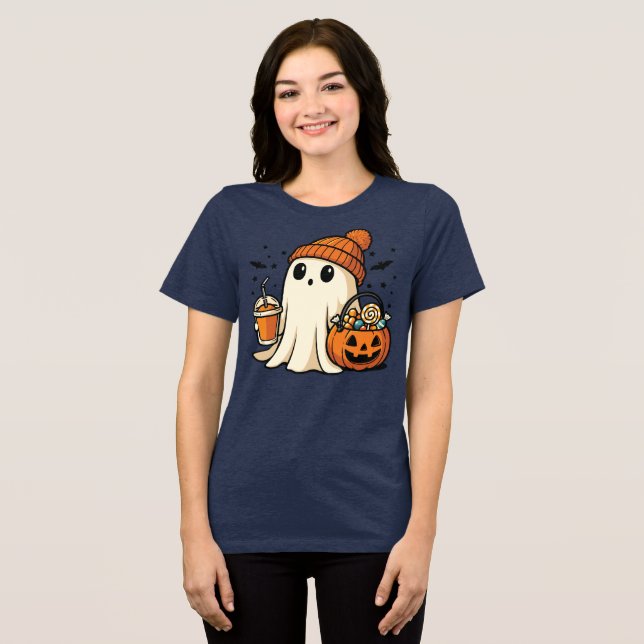 Cute Ghost with Candy & Pumpkin Drink Tri-Blend Shirt (Vorderseite voll)