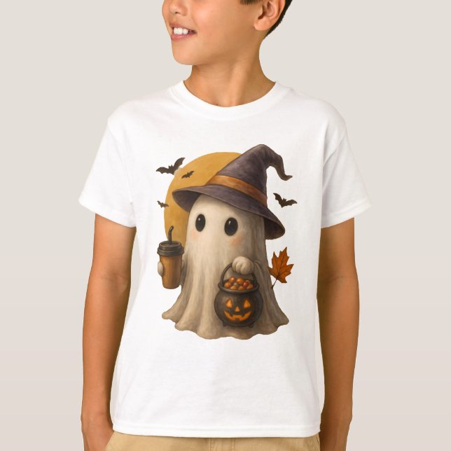 Cute Ghost with Pumpkin Halloween T-Shirt 👻 (Vorderseite)