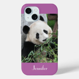 Cute Giant Panda Pale Purple Trim, Custom Name iPhone 15 Hülle