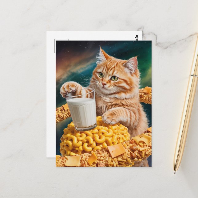 Cute Ginger Cat With Milk in Space Postkarte (Vorderseite/Rückseite Beispiel)