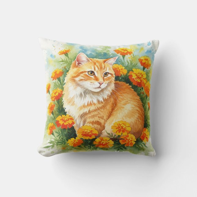 Cute Ginger Chat avec Coussin Marigold Flowers (Recto)