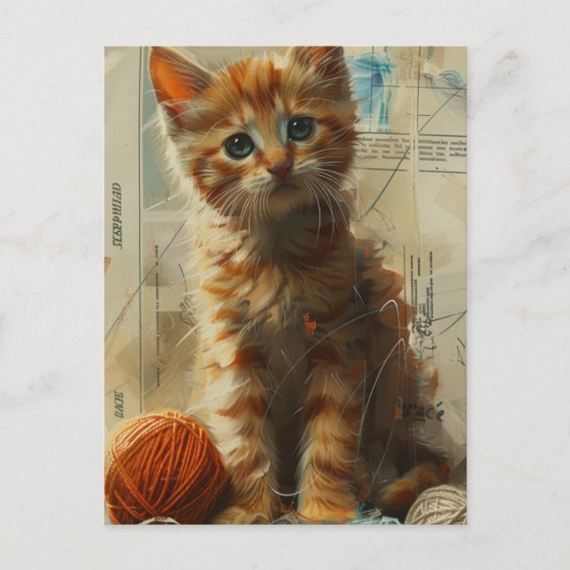 Cute Ginger Kitten en Yarn Collage carte postale (Devant)