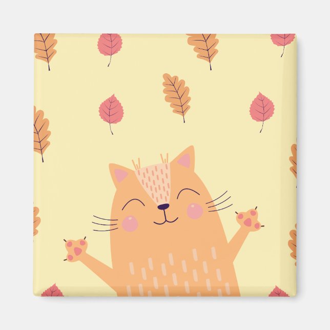 Cute Ginger Orange Cat Playing in Autumn Leaves Magnet (Vorne)