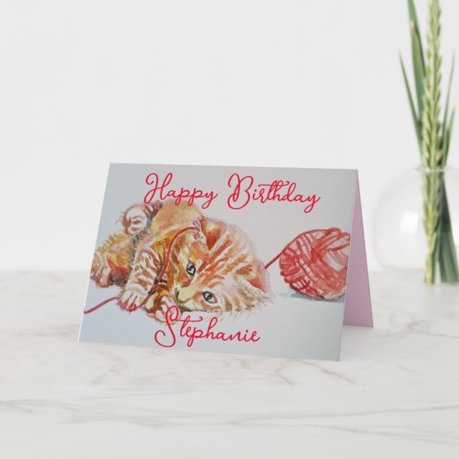 Cute Ginger Tabby Chat Jouer Laine Carte Anniversa (Devant)