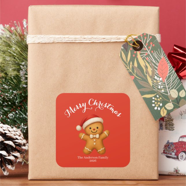 Cute Gingerbread Man with Santa Hat -  Quadratischer Aufkleber (Feiertag)