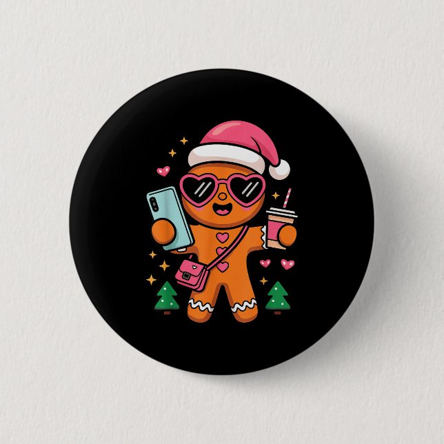 Cute Gingerbread Taking Selfie Christmas Pajama To Button (Vorderseite)