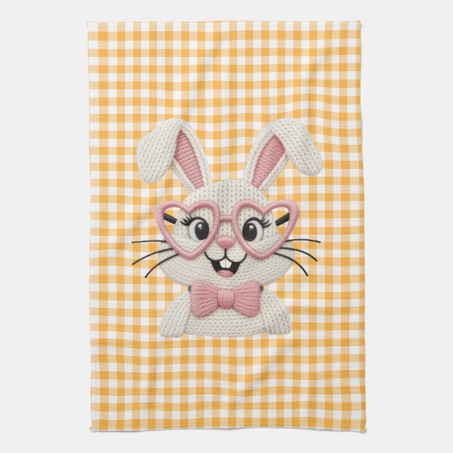 Cute Gingham Bunny Pink Heart Glasses  Geschirrtuch (Vertikal)