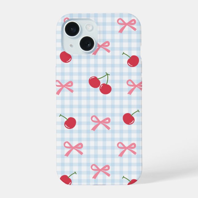 Cute Gingham Cherry iPhone Case with Bow Coquette 15 Hülle (Rückseite)