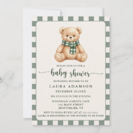 Cute Gingham Plaid Teddy Bear Winter Baby Shower Einladung