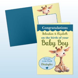Cute giraffe add names blue green baby boy karte