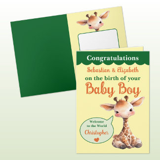 Cute giraffe add names orange green baby boy karte