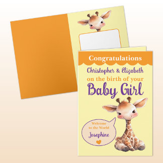 Cute giraffe add names orange purple baby girl karte
