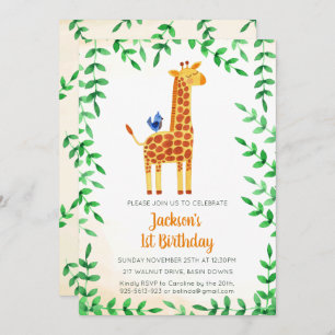 Cute Giraffe & Bird Invitation d'anniversaire