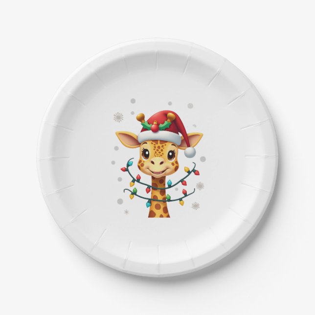 Cute Giraffe Christmas Lights Santa Hat Xmas Pajam Pappteller (Vorderseite)