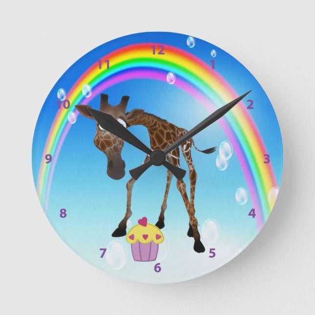 Cute Giraffe, Cupcake & Rainbow Clock Runde Wanduhr (Vorderseite)