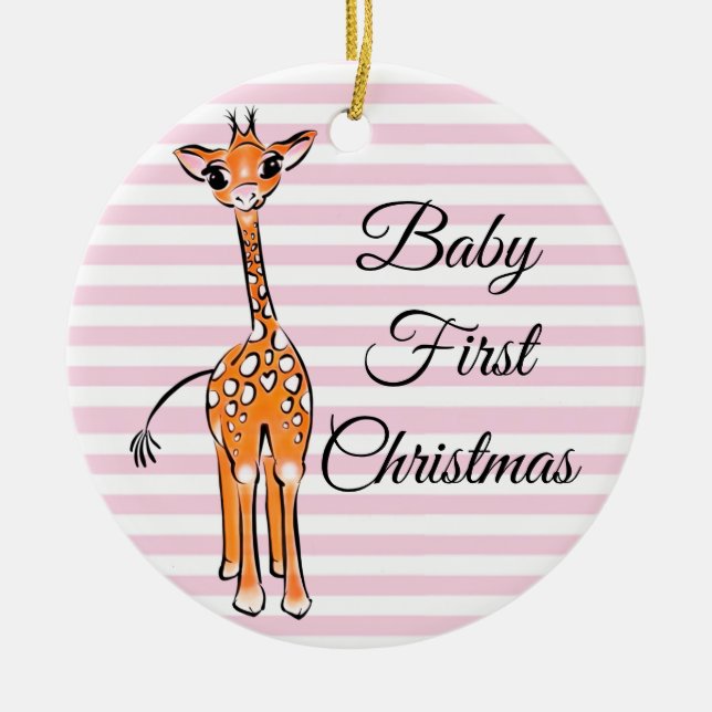 Cute giraffe drawing, safari animals, pink stripes keramik ornament (Vorne)