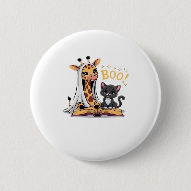 Cute Giraffe Ghost with Black Cat and Boo! Classic Button (Vorderseite)