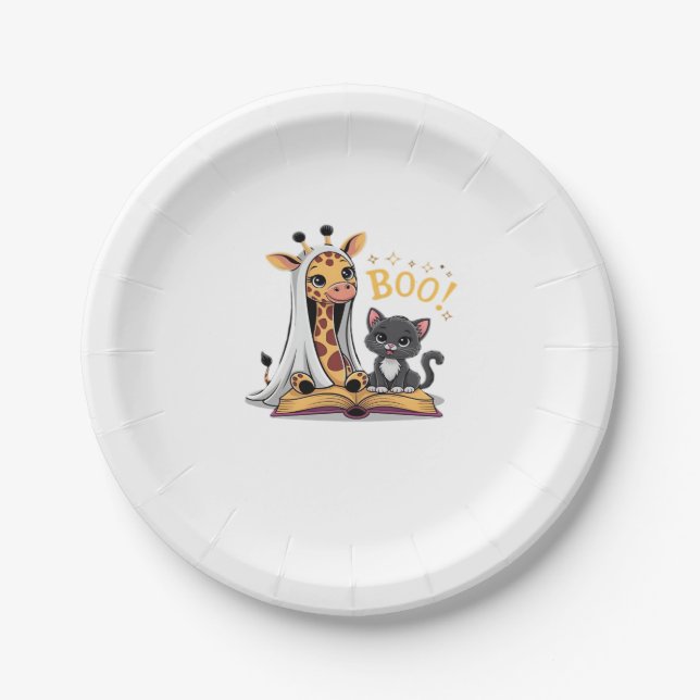 Cute Giraffe Ghost with Black Cat and Boo! Classic Pappteller (Vorderseite)