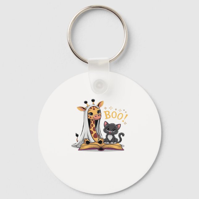 Cute Giraffe Ghost with Black Cat and Boo! Classic Schlüsselanhänger (Vorderseite)