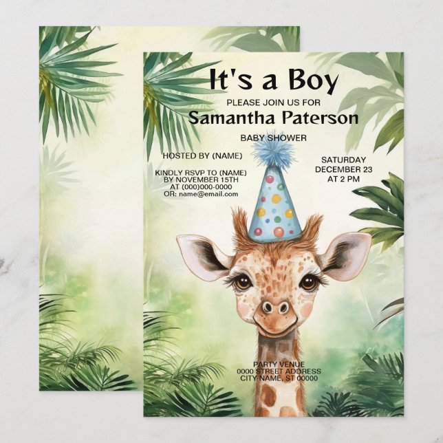 Cute Giraffe Jungle Baby Shower Party Beautiful Einladung (Vorne/Hinten)