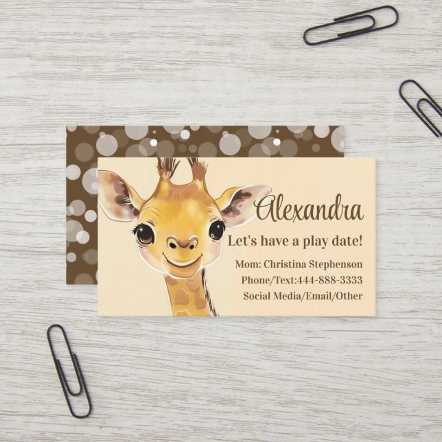 Cute Giraffe Kids Name Childrens Play Date Calling Visitenkarte (Vorderseite/Rückseite Beispiel)