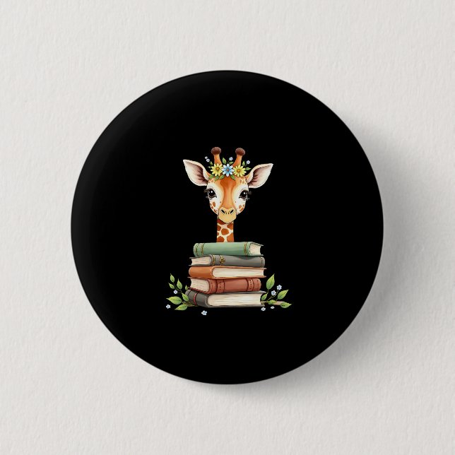 Cute Giraffe With Book Floral Bookworm Librarian B Button (Vorderseite)