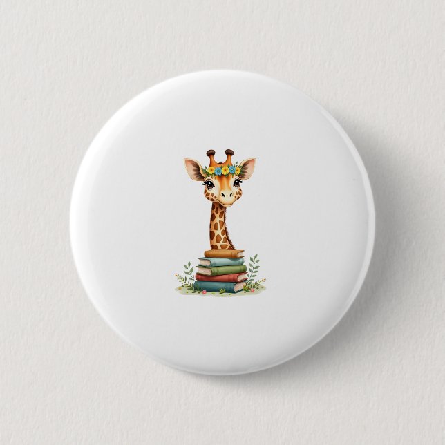 Cute Giraffe With Book Floral Bookworm Librarian B Button (Vorderseite)