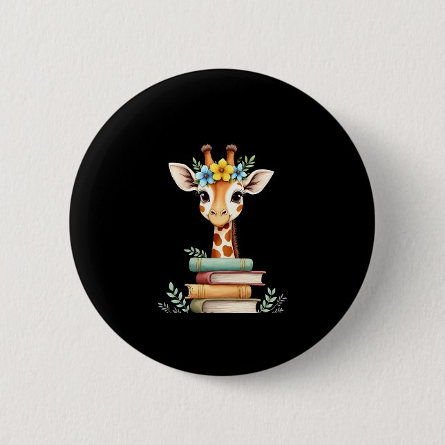 Cute Giraffe With Book Floral Bookworm Librarian B Button (Vorderseite)