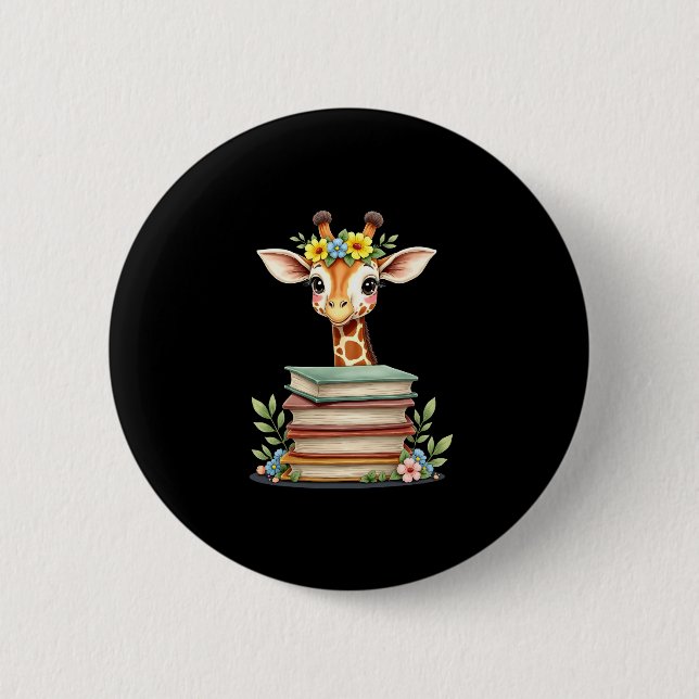 Cute Giraffe With Book Floral Bookworm Librarian B Button (Vorderseite)