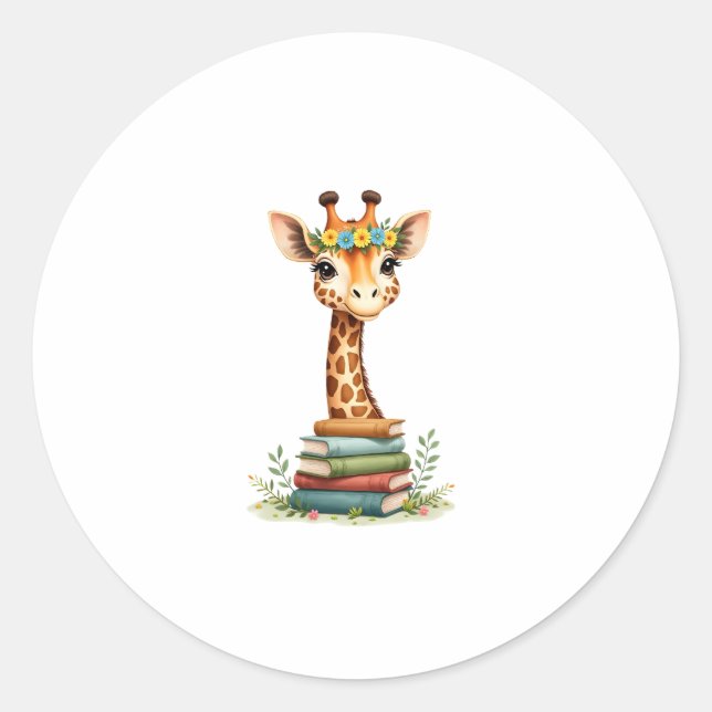 Cute Giraffe With Book Floral Bookworm Librarian B Runder Aufkleber (Vorderseite)