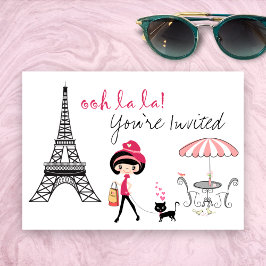 Cute Girl and Black Cat Paris Birthday Invitation Einladung