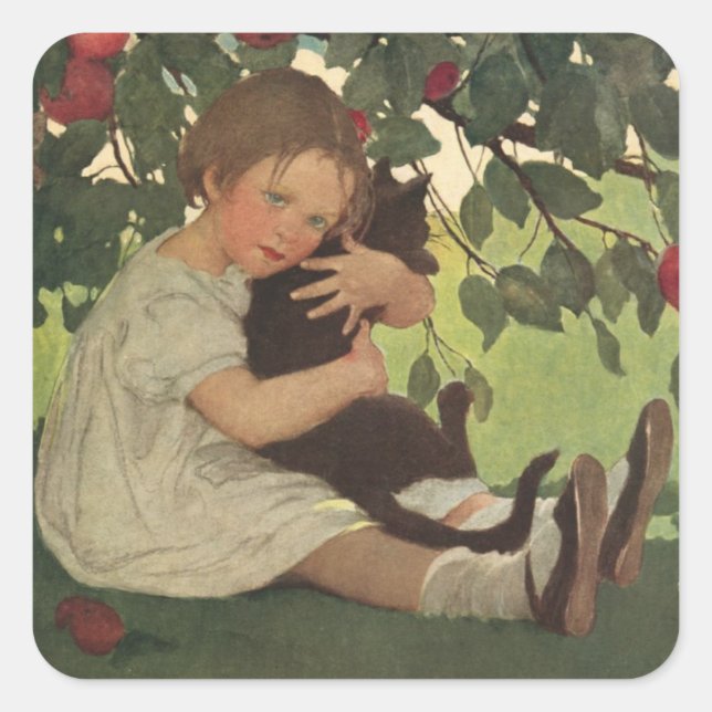 Cute Girl avec son chat amusant Stickers Retro (Devant)