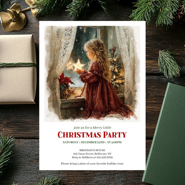 Cute girl awaits Santa printable Christmas invite Einladung (Cute girl awaits Santa printable Christmas invitation)