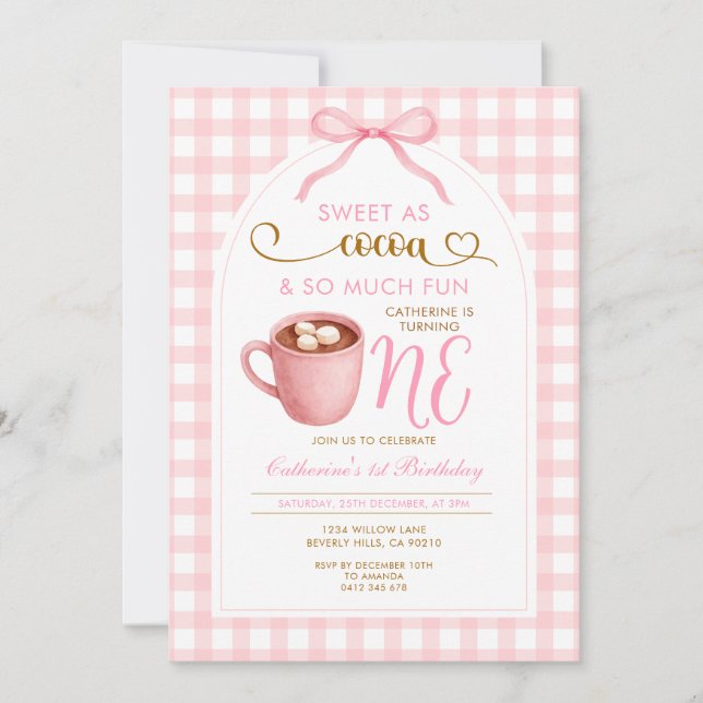 Cute Girl Bow Hot Cocoa 1st birthday Pink Gingham Einladung (Vorderseite)