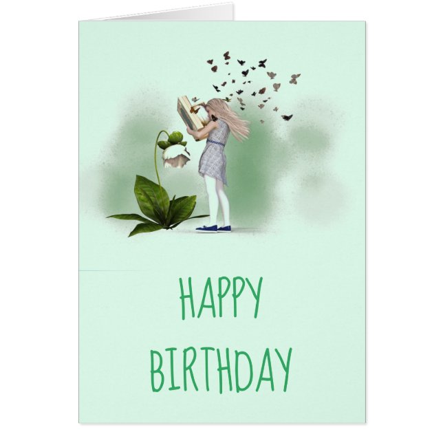 Cute girl cartoon book lover bookworm birthday (Devant)